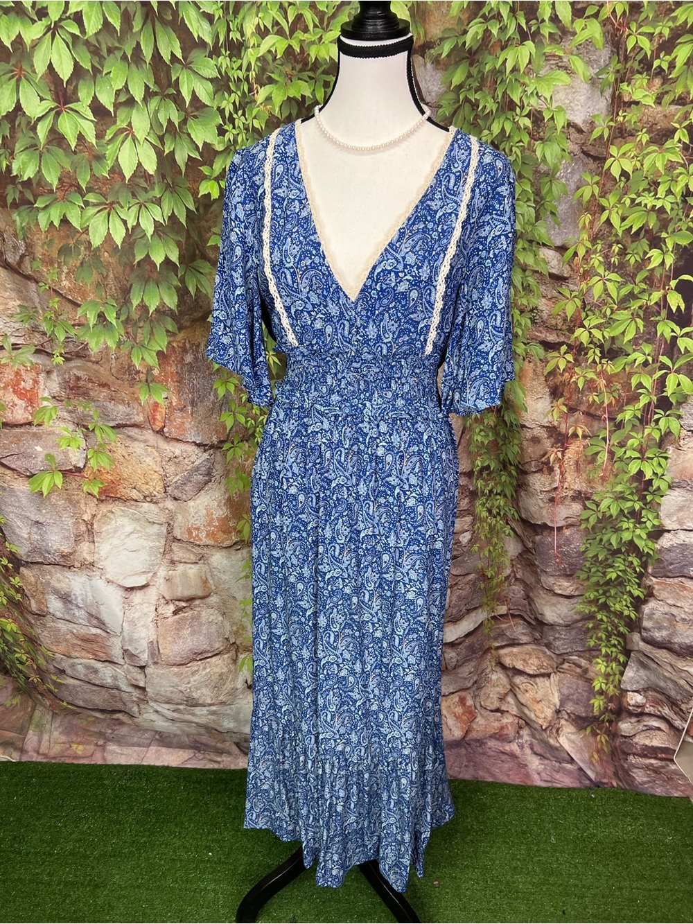 NWT ZARA Blue Floral Deep V-Neck Cottagecore Flutter Sleeve Maxi Dress, M - Picture 2 of 12